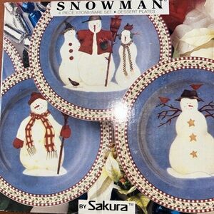 Sakura Snowman Dessert Plates - Blue, White & Red Accents